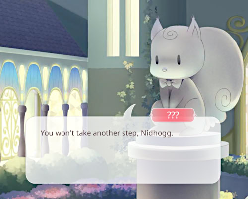 Love Nikki screenshot out of context. The scene is a Lilith Kingdom garden with a stone squirrel wearing a bow tie positioned above a speech bubble directed to its face with the label ??? containing the speech text: You won't take another step, Nidhogg